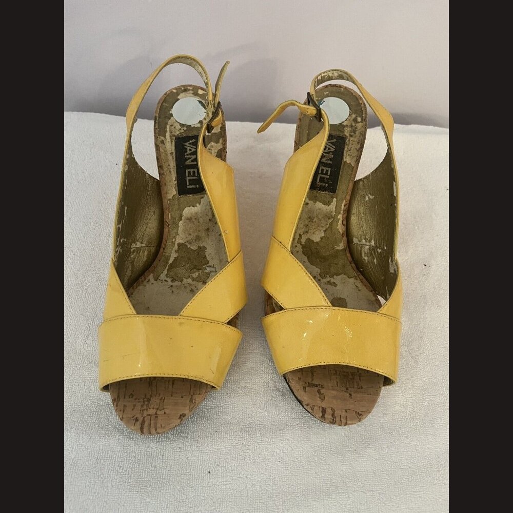Van Eli Yellow Patent Leather Cork Wedge Slingback Sandals Peep Toe 8.5W